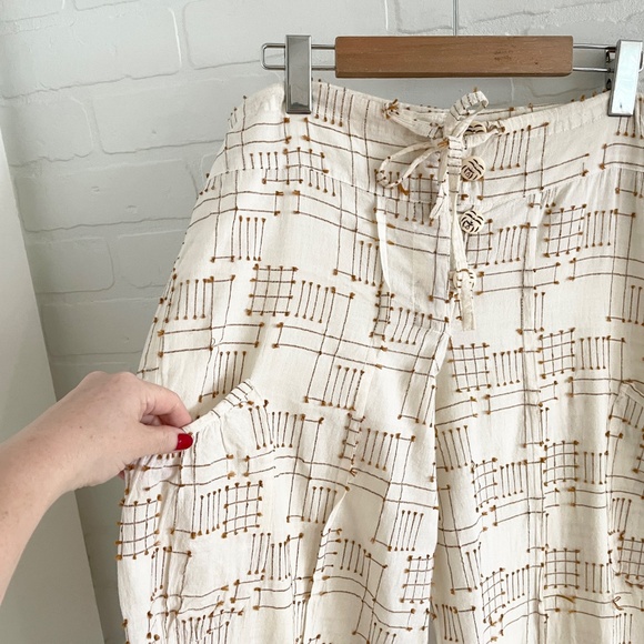 L.A.M.B Wide leg pants cotton linen Embroidered Ecru Caramel Lagenlook pockets L - Picture 3 of 13
